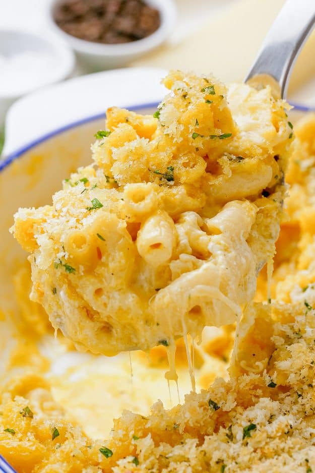 creamy mac and cheese on spoon.