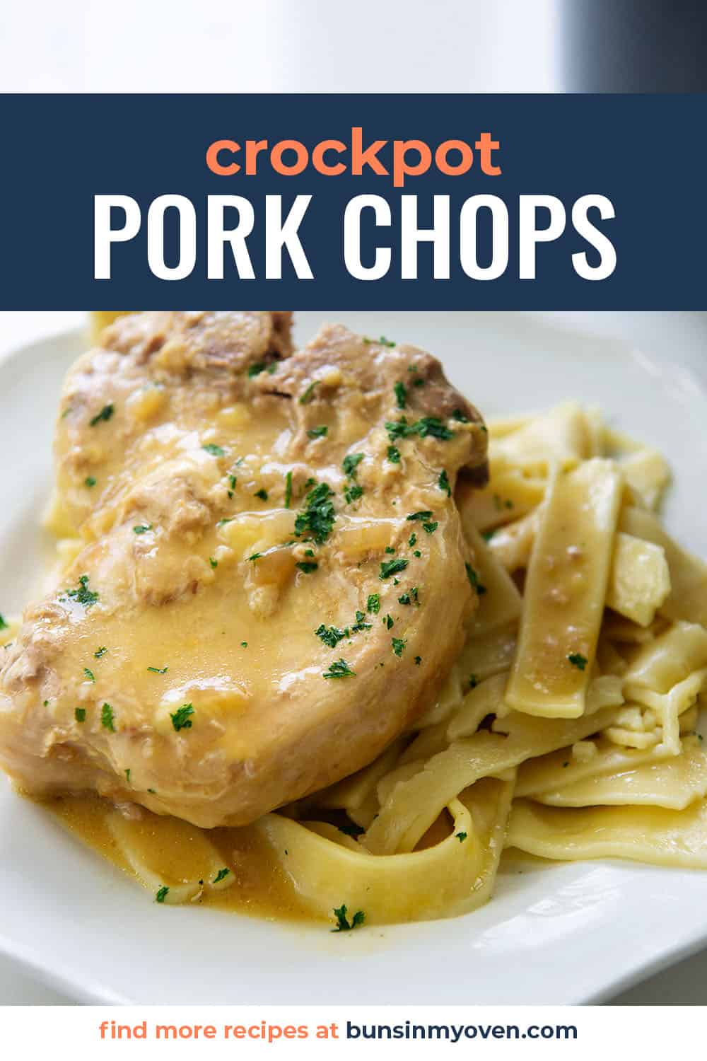 crockpot pork chops on white plate.