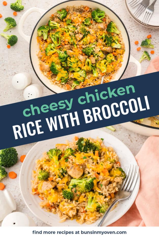 Collage of cheesy chicken and rice images.