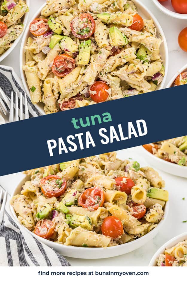 Collage of cold tuna pasta salad images.