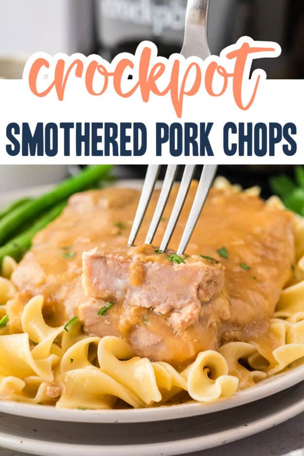 Crock pot smothered pork chops on plate.