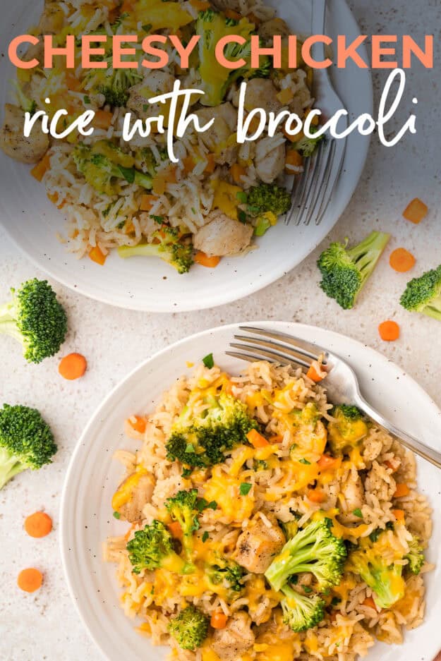 White plates topped with cheesy chicken and rice recipe.