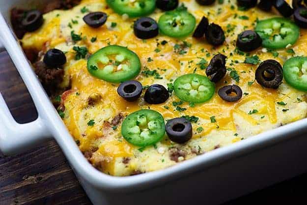 taco cornbread in white baking dish