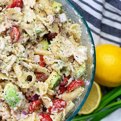 Tuna pasta salad recipe in glass bowl