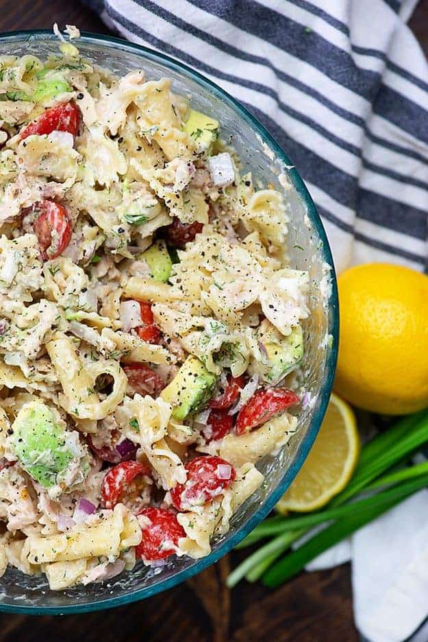 Tuna pasta salad recipe in glass bowl