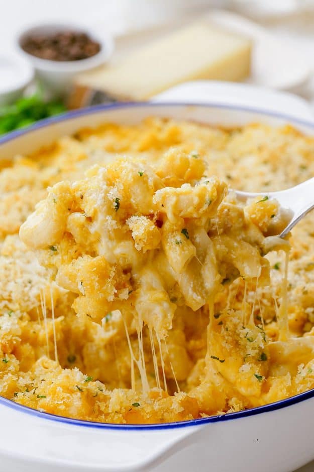 spoonful of creamy mac and cheese casserole.