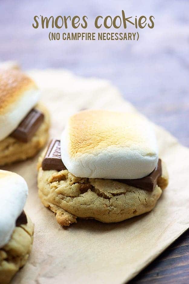 A cookie with a melted chocolate piece and a toasted marshmallow on top.