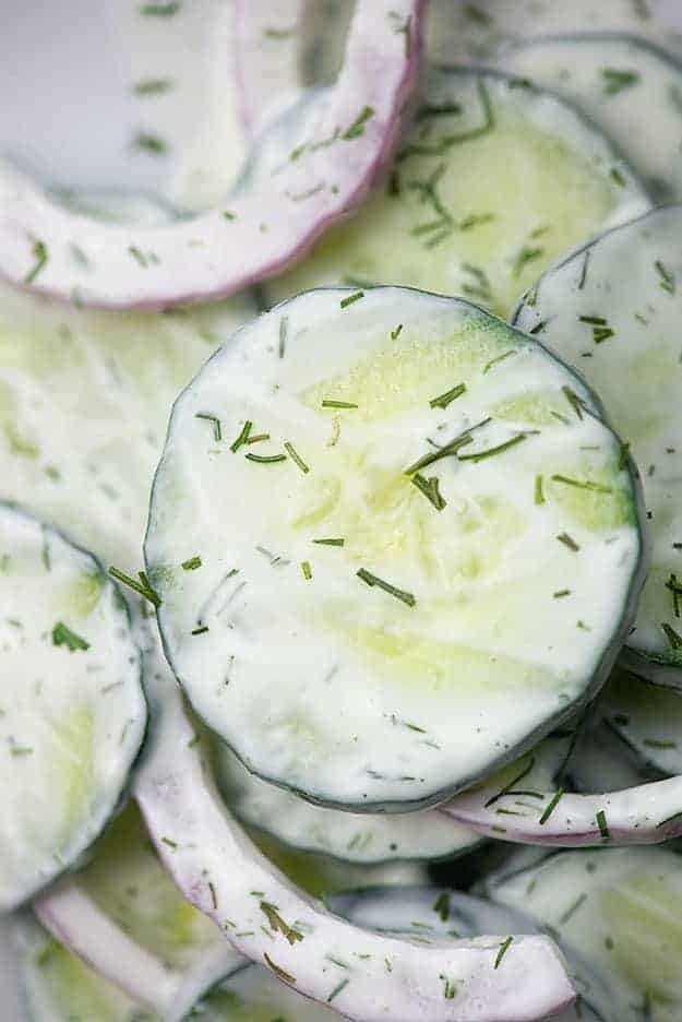 Cucumbers topped with dill seasoning.