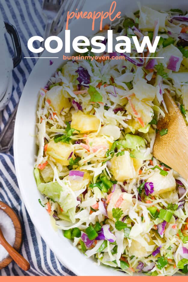 coleslaw in white bowl with text for PInterest.