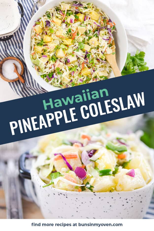collage of pineapple coleslaw images.