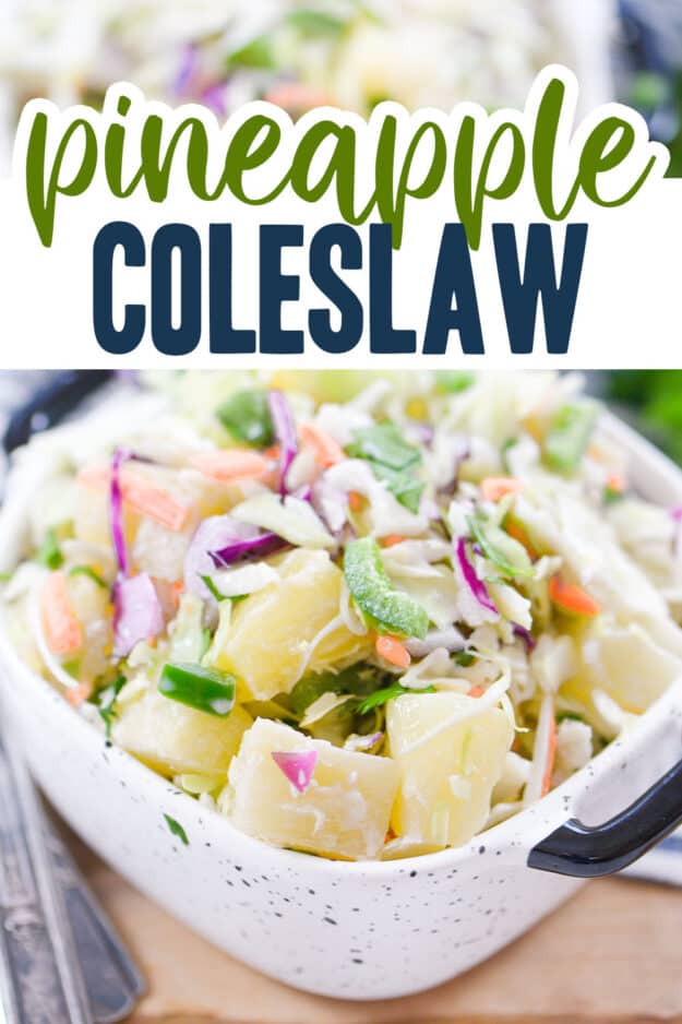 pineapple slaw recipe in white dish.