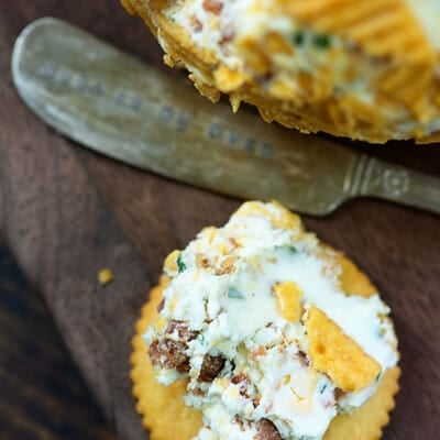 Ritz cracker topped with bacon cheese spread.