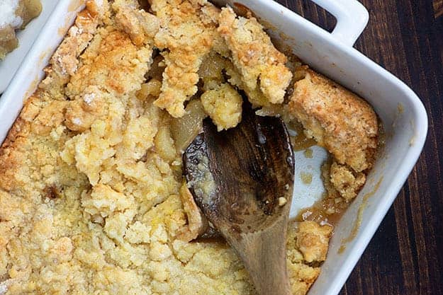 easy apple cobbler in white baking dish