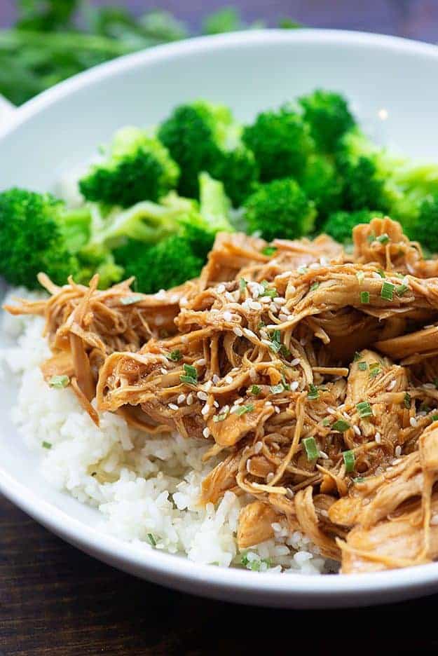 Shredded chicken and broccoli on a white plate.