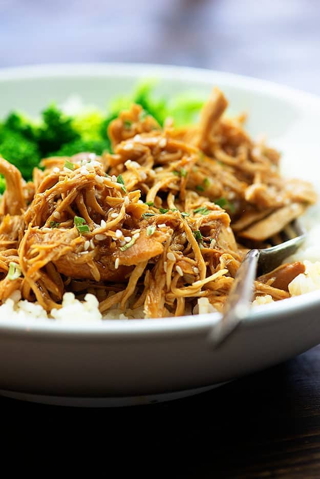 A white bowl of shredded chicken.