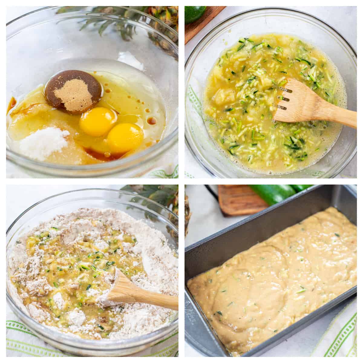 collage showing how to make zucchini bread with pineapple.