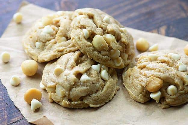 white chocolate macadamia nut cookies on parchment