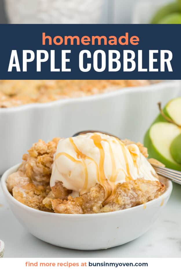Apple cobbler in small white dish topped with ice cream.