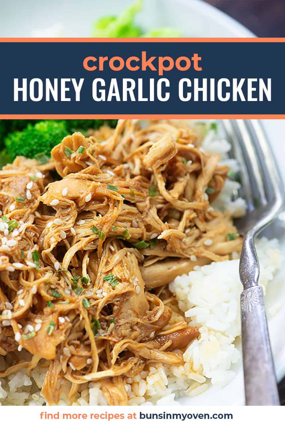 crockpot honey garlic chicken in bowl with rice.