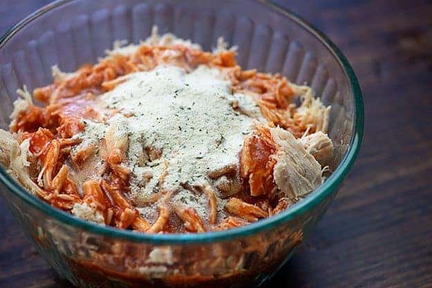 buffalo chicken in glass bowl