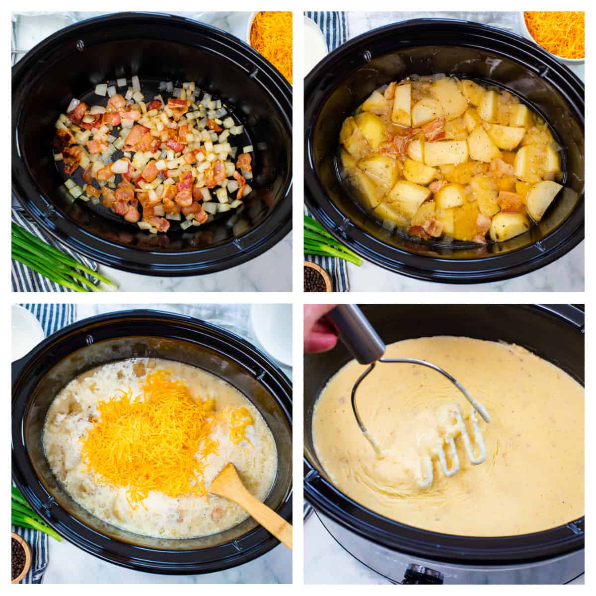 Collage showing how to make crockpot potato soup.