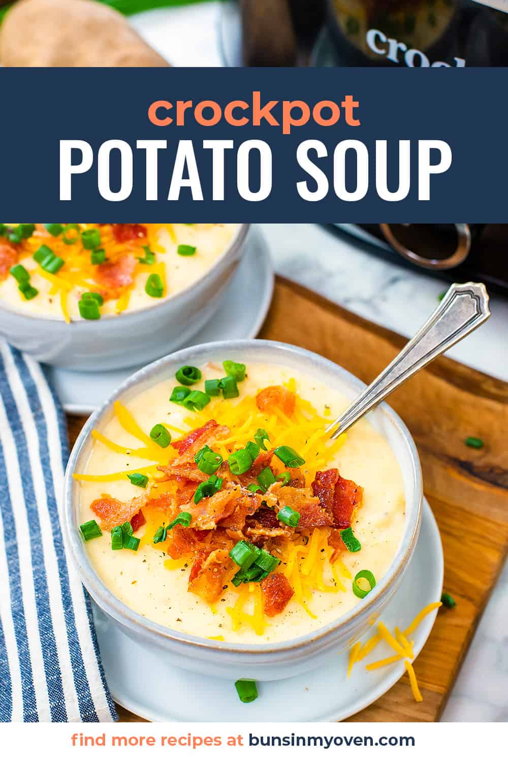 Crock pot potato soup in bowls.