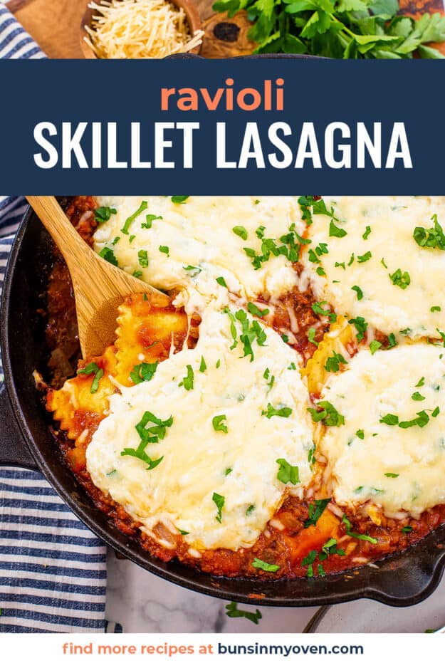 Skillet lasagna in cast iron skillet.