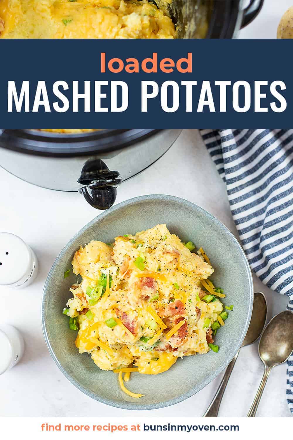 overhead view of mashed potatoes in crockpot with text for Pinterest.