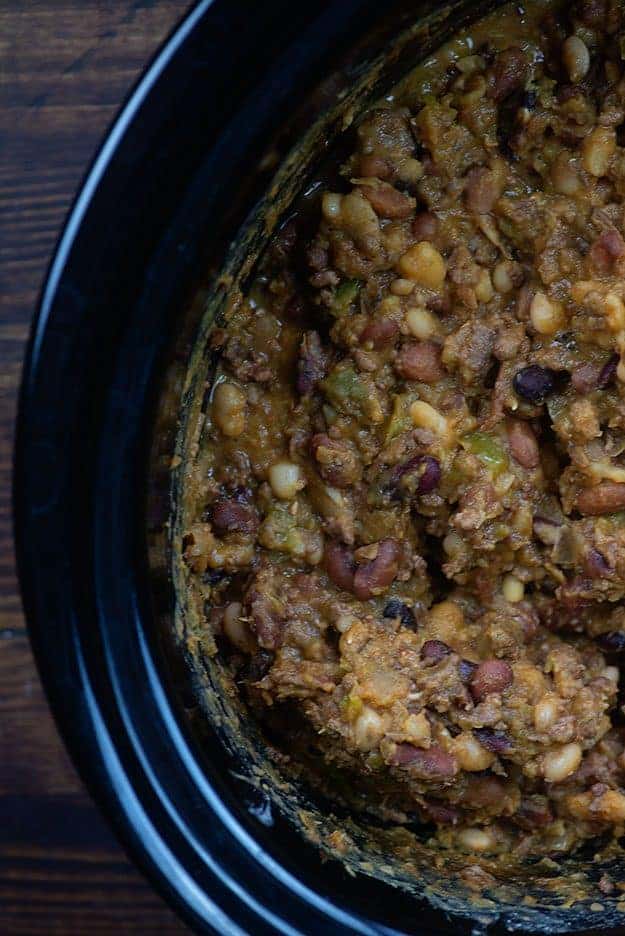 A slow cooker full of sloppy joe and beans.