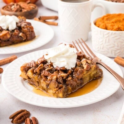 Pumpkin french toast casserole recipe on small white plate.