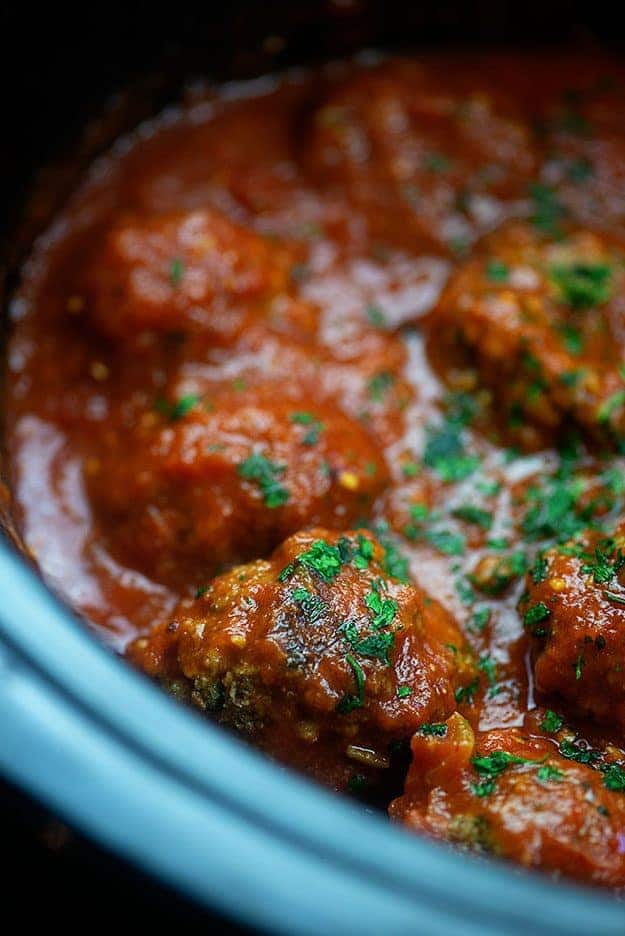 Meatballs in a slow cooker.