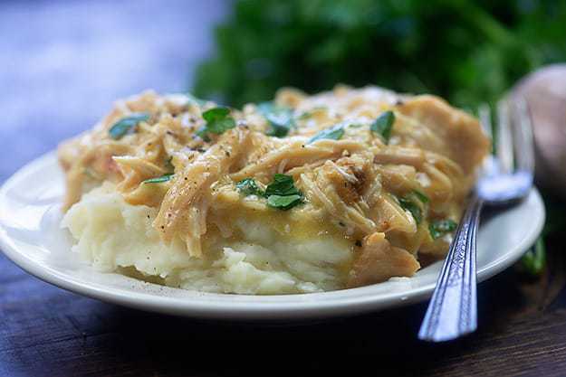 A close up of a plate shredded chicken on top of mashed potatoes.