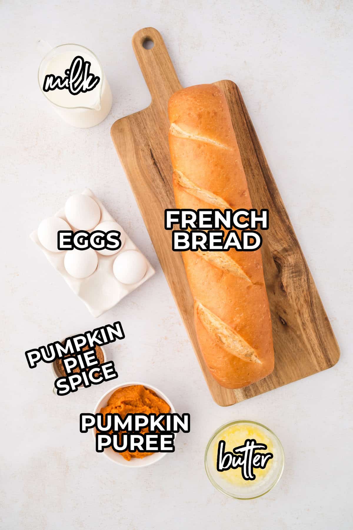 Ingredients for pumpkin french toast casserole recipe.