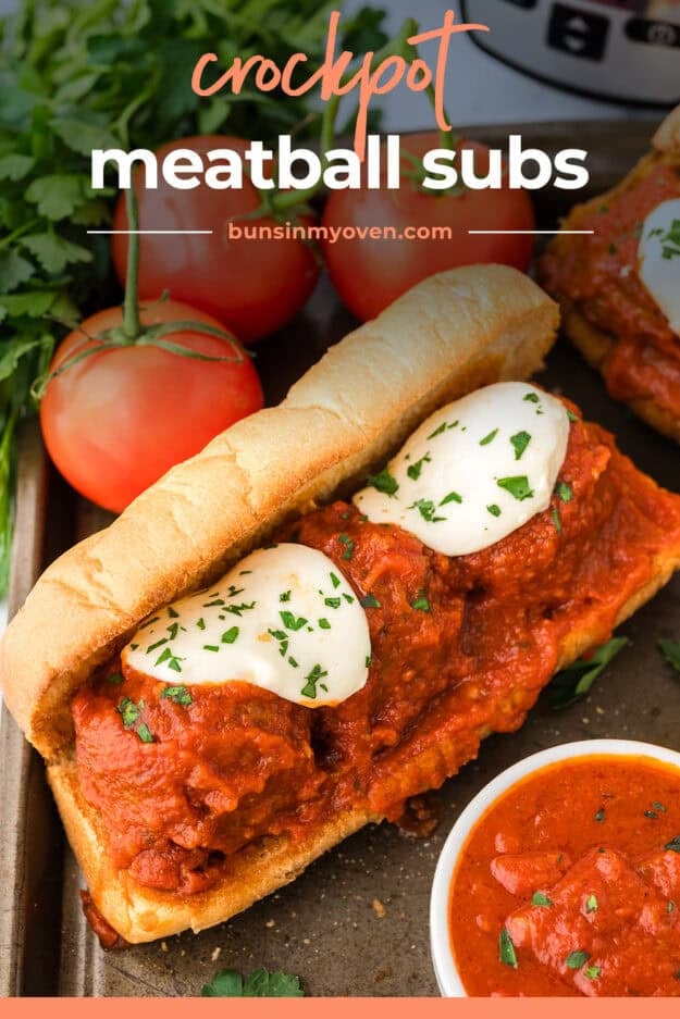 Slow cooker meatball sub topped with fresh mozzarella.