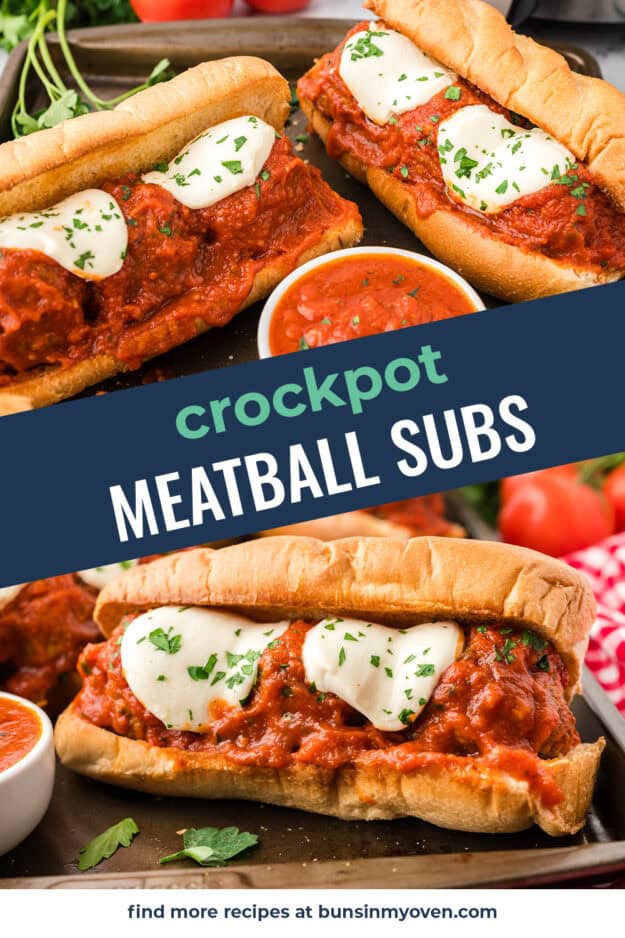 Collage of slow cooker meatball subs images.