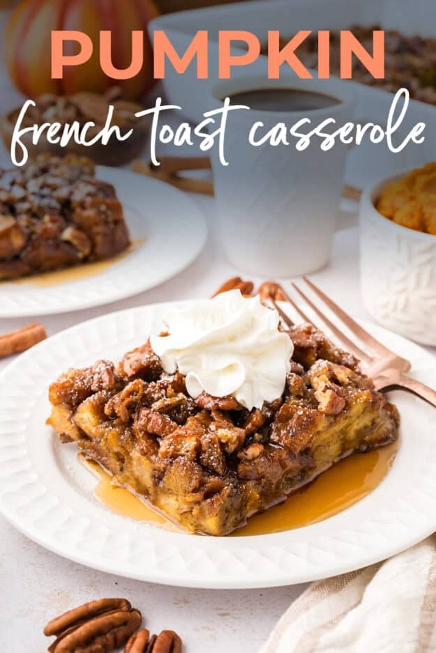 Pumpkin french toast casserole on small white plate.