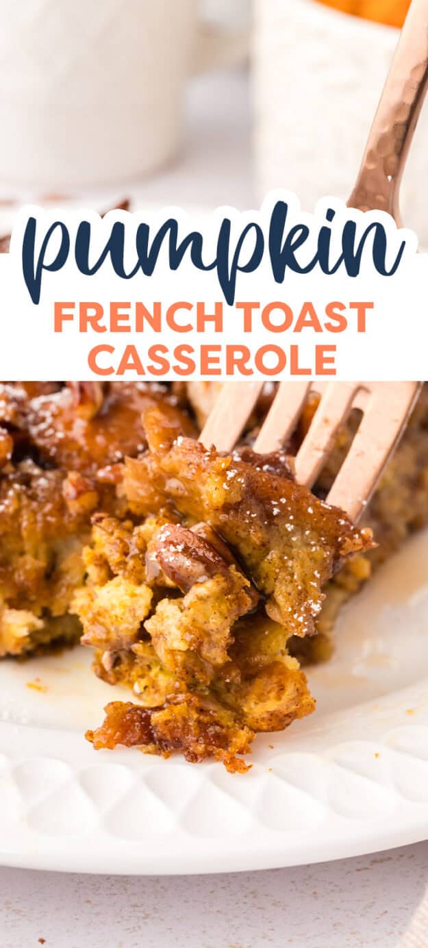 Forkful of pumpkin pecan french toast casserole.