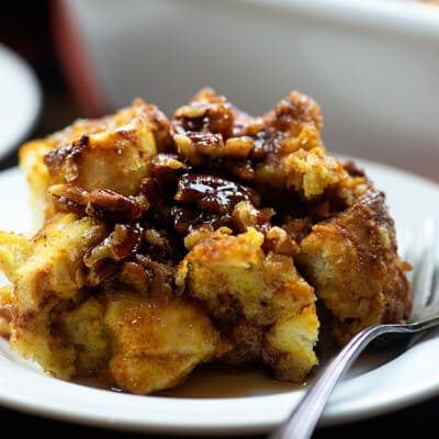 A close up of a plate of french toast casserole.