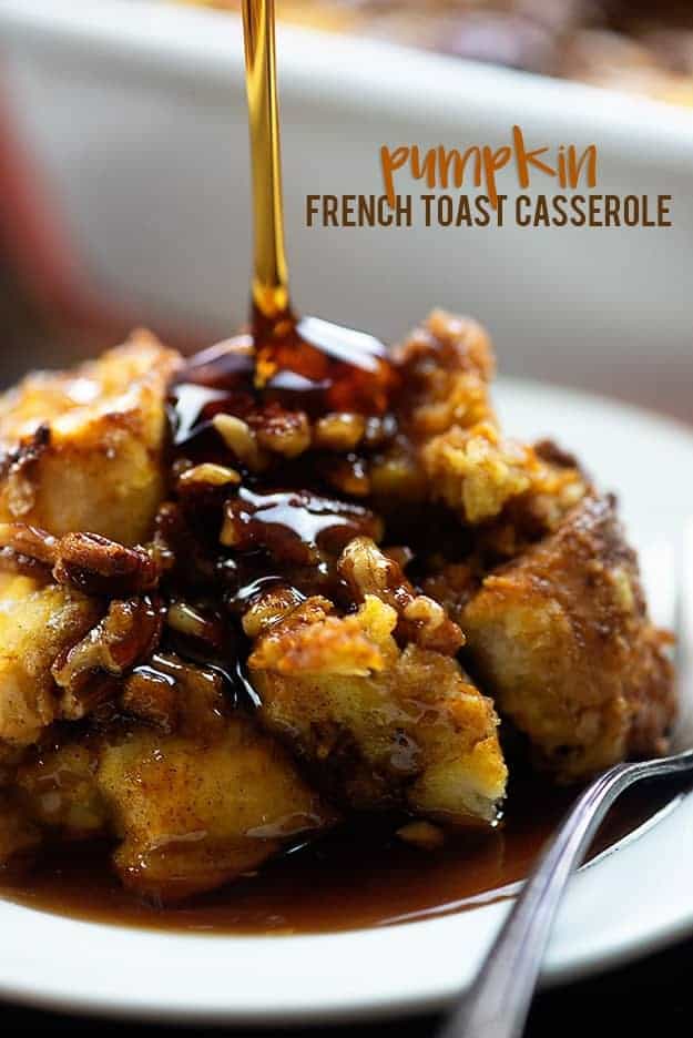 Syrup being drizzled over french toast casserole.