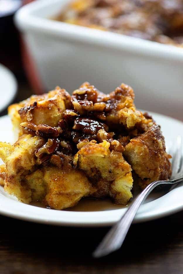 A close up of a plate of french toast casserole.