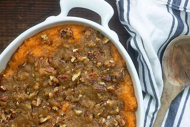 ruths chris sweet potato casserole in white baking dish