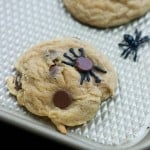 Chocolate chip cookie and a plastic spider on a baking sheet.