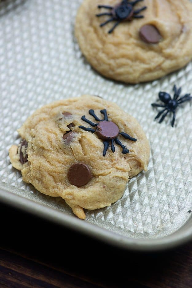 Chocolate chip cookie and a plastic spider on a baking sheet.