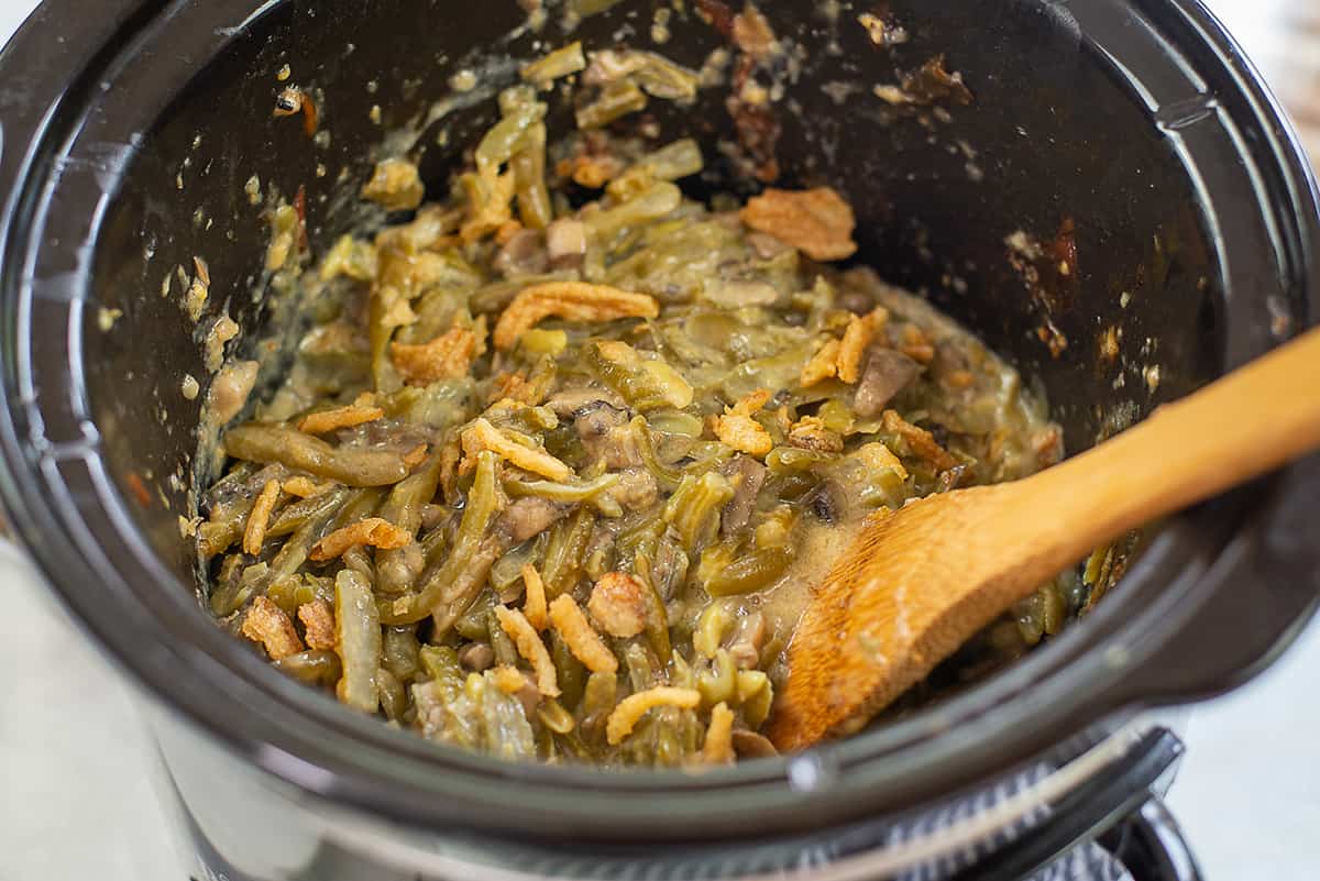 green bean casserole in crockpot.