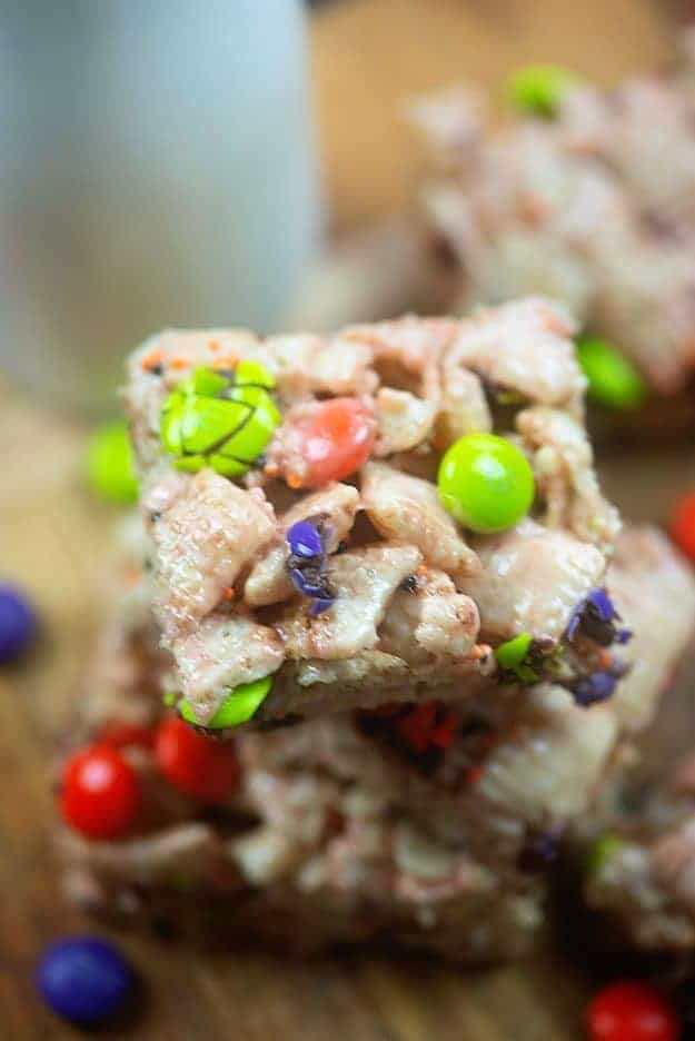 A close up of a stack of cereal bar squares.