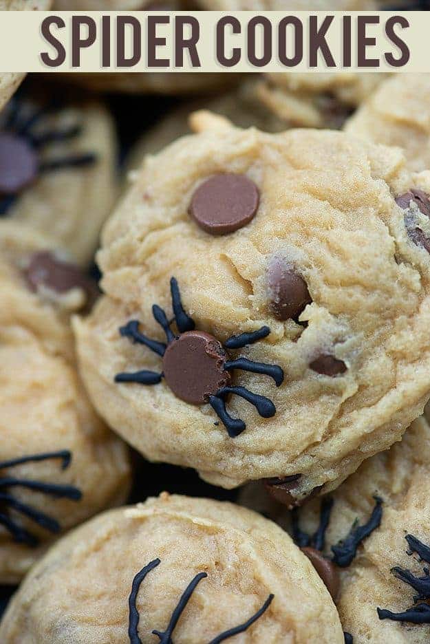 Chocolate chip cookie with black icing making a chocolate chip look like a spider.