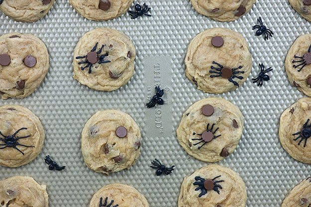 spider cookies on baking sheet