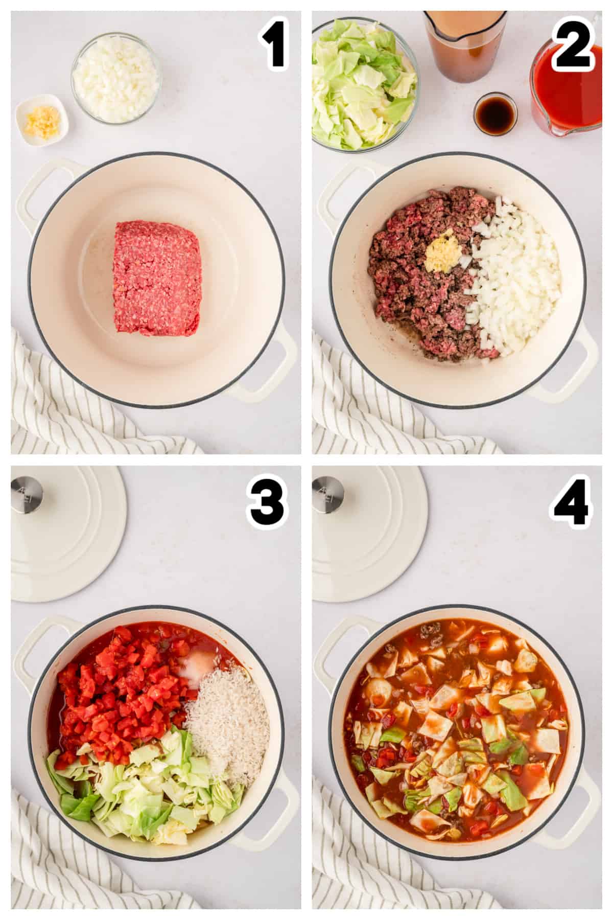 Collage showing how to make cabbage roll soup recipe.