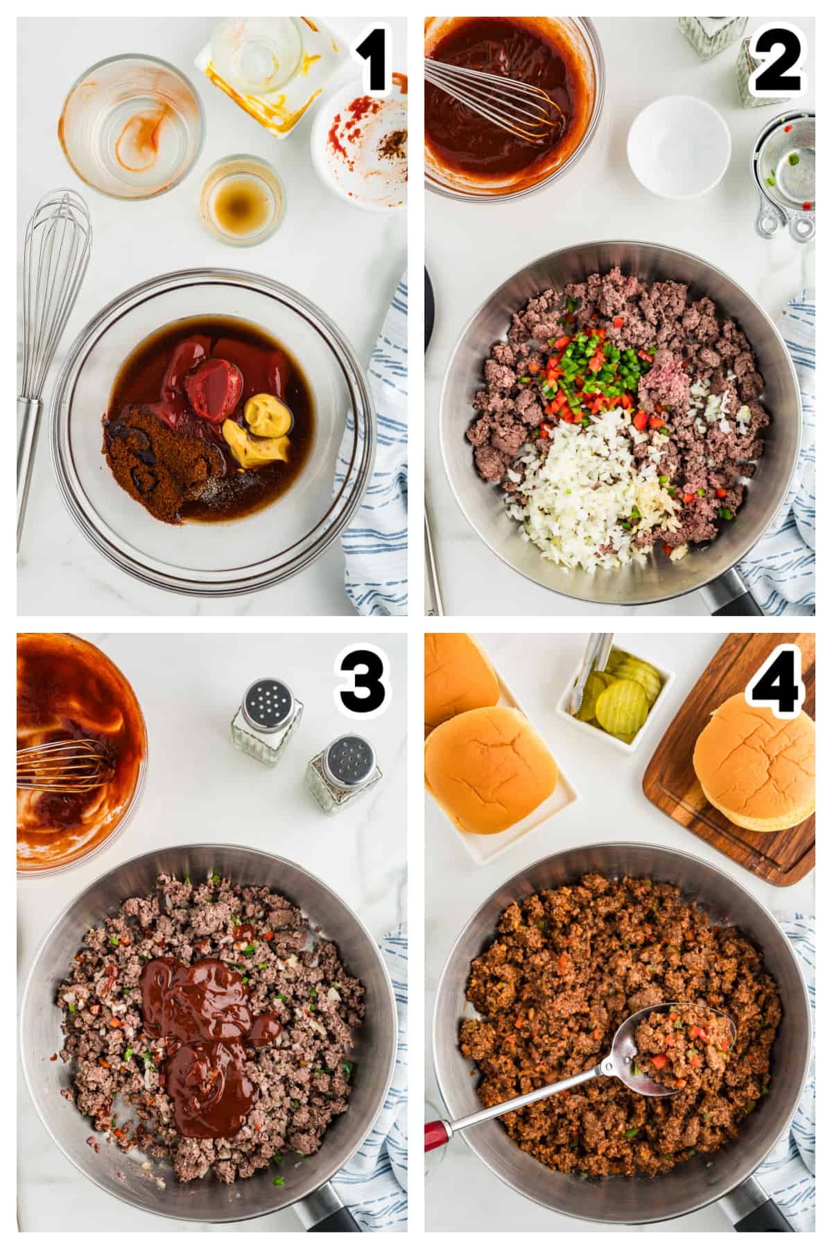 Collage showing how to make sloppy joe recipe.