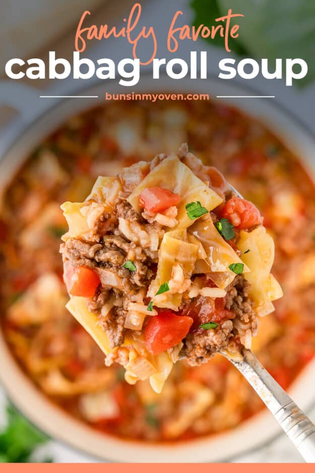 Beef cabbage soup recipe on ladle.